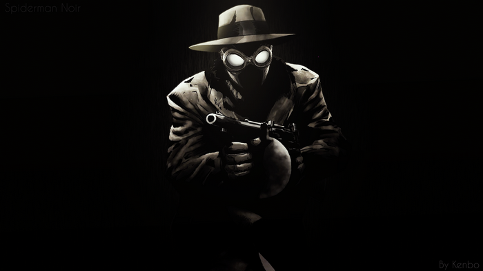 Spider-Man Noir holding a Tommy gun