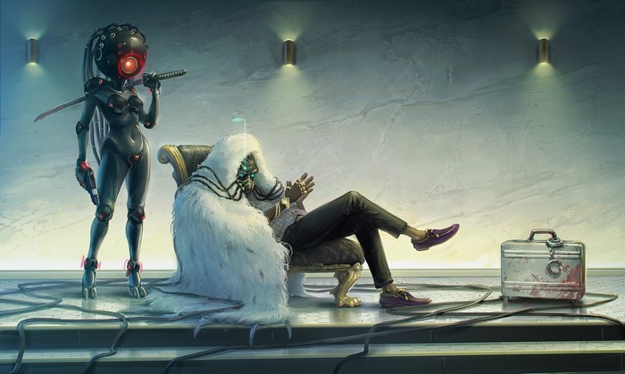 Cyborg assassin and seated figure in cyberpunk setting