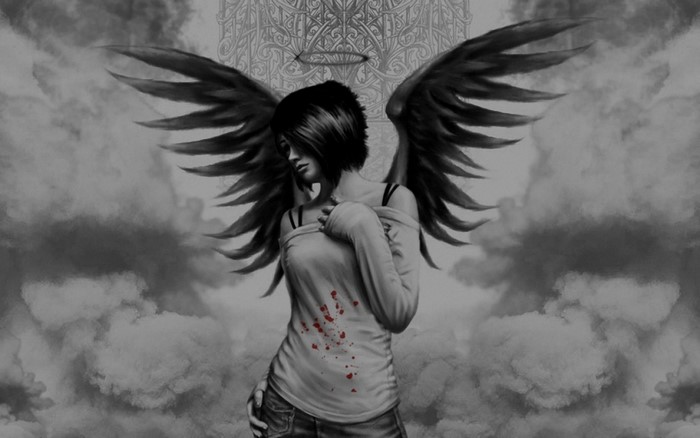 Monochrome angel with black wings and bloodstains