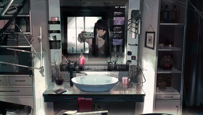 Anime girl taking a selfie in a bathroom mirror