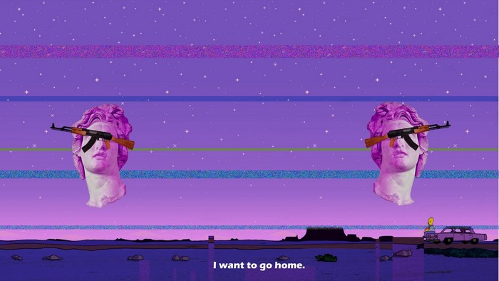 Glitch art vaporwave statue with AK-47 and Homer Simpson