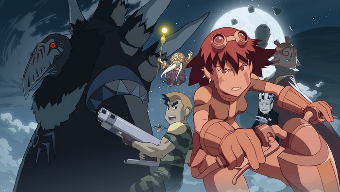 Characters from Oban Star Racers in front of the moon