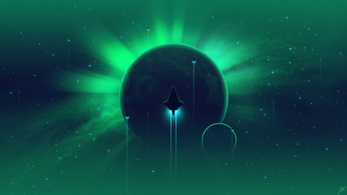 Spaceships flying near a glowing green planet