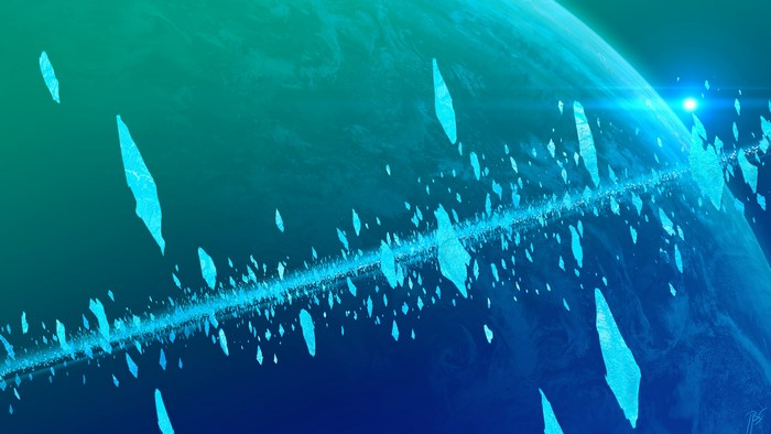 Space art of planet with ice debris ring