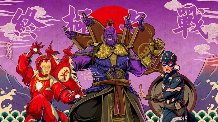 Thanos, Iron Man, and Captain America in Chinese Opera Style