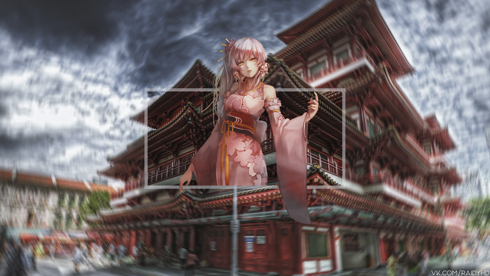 Anime girl in pink kimono in front of temple