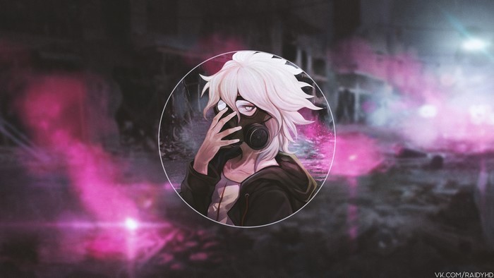 Anime character with gas mask in pink smoke