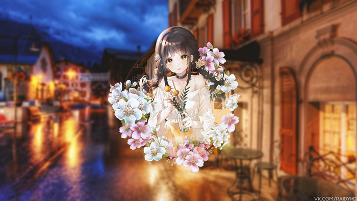 Anime girl with flowers in front of a European street