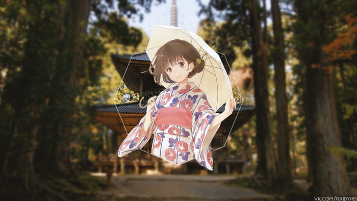 Anime girl in kimono with umbrella