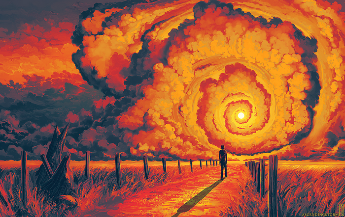 Man standing in a field under a swirling fiery sky
