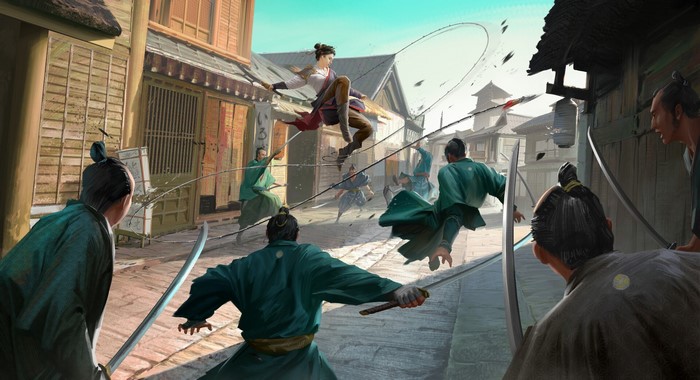 Samurai fight with whips and katanas in a Japanese town