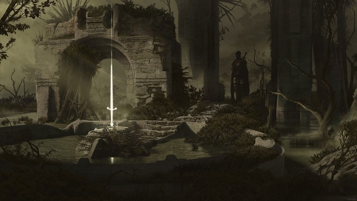 Warrior in ruins with a glowing sword in a swamp