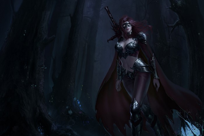 Fantasy girl with sword in dark forest