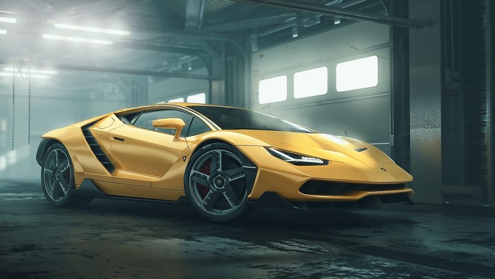 Yellow Lamborghini Centenario in a garage