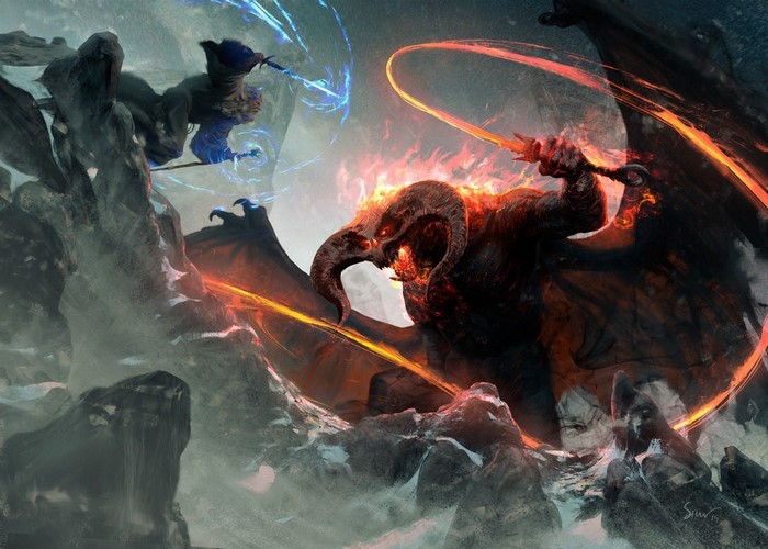 Gandalf fighting a Balrog from The Lord of the Rings