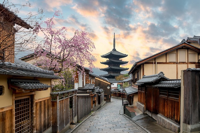 Kyoto street with cherry blossoms and pagoda