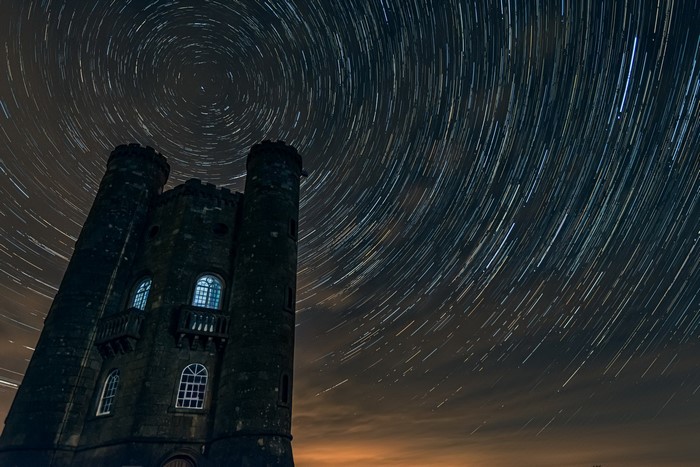 Broadway Tower at night with star trails