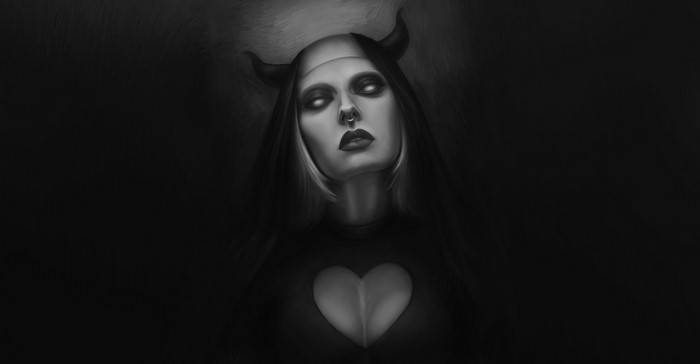 Monochrome artwork of a demon nun with horns