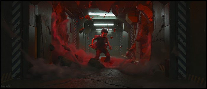 Tetsuo from Akira breaking through a corridor