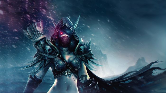 Sylvanas Windrunner from World of Warcraft in a snowy landscape