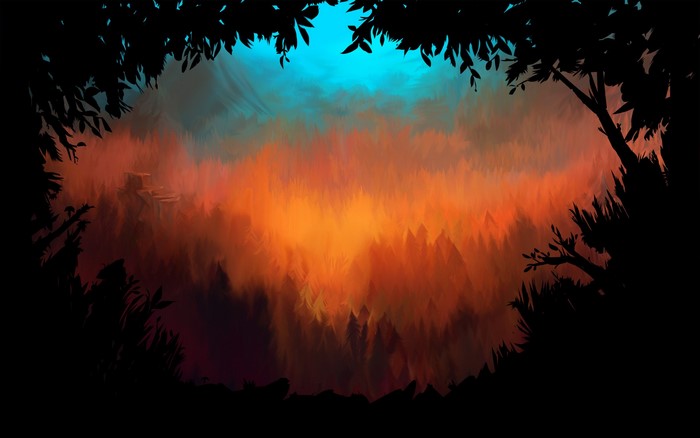 Artwork of a forest with orange and blue sky