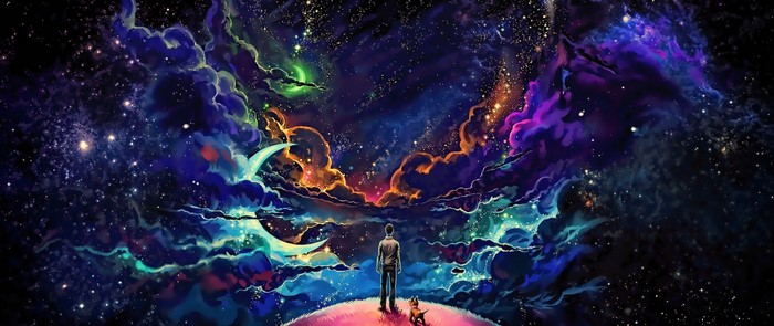 Man and dog looking at colorful nebula in space