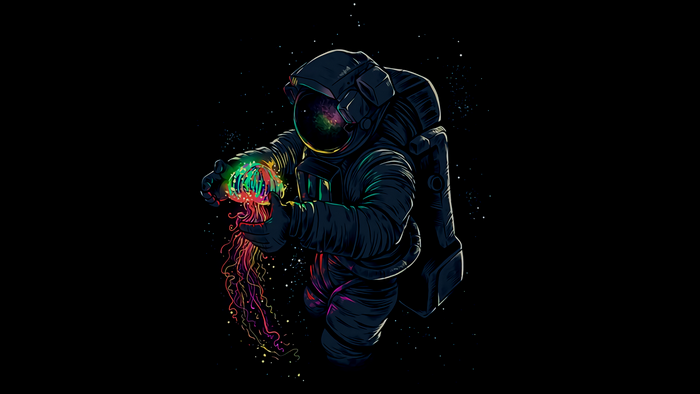Astronaut holding a colorful jellyfish in space
