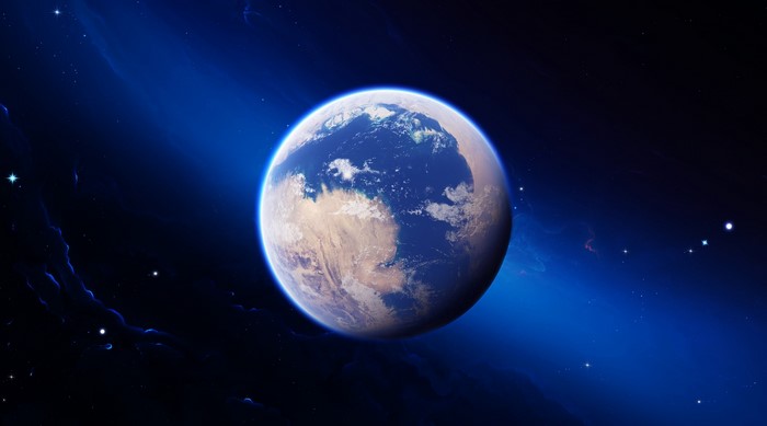 Earthlike planet in deep space with nebulae and stars