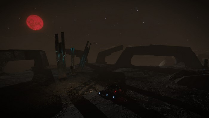 Elite: Dangerous screenshot of alien ruins and a red sun