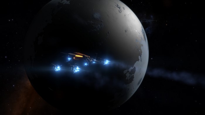Spaceship near a planet in Elite: Dangerous