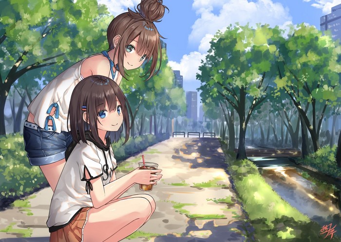 Two anime girls in a park with trees and buildings