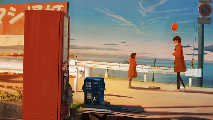 Anime girls with balloon by vending machine
