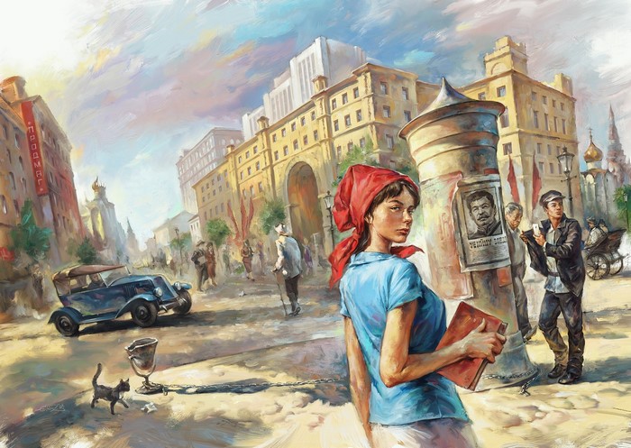 Woman in Red Scarf and Blue Blouse in Soviet City
