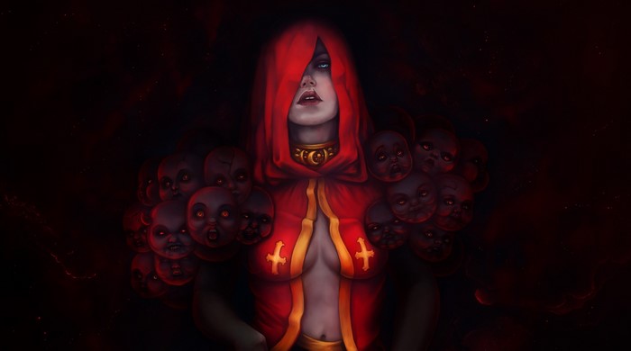 Woman in red hood with doll heads