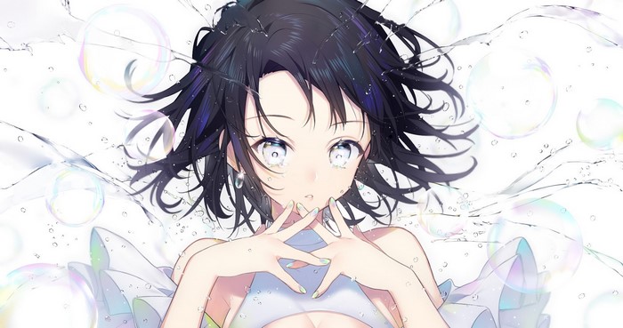 Anime girl with black hair and bubbles
