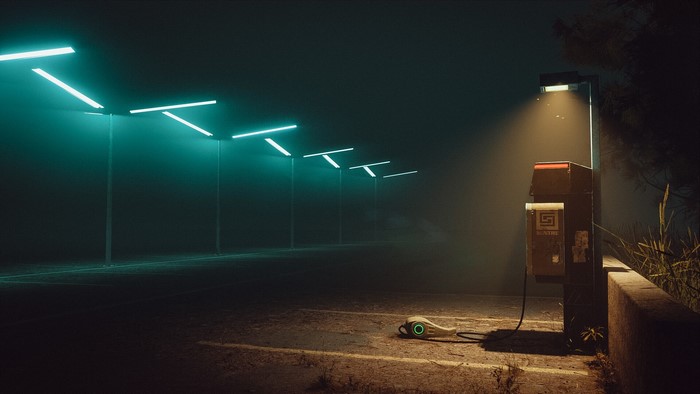 Cyberpunk parking lot with neon lights and charging station