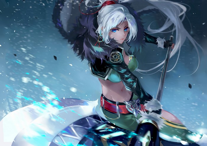 Anime girl with white hair and blue eyes holding a weapon