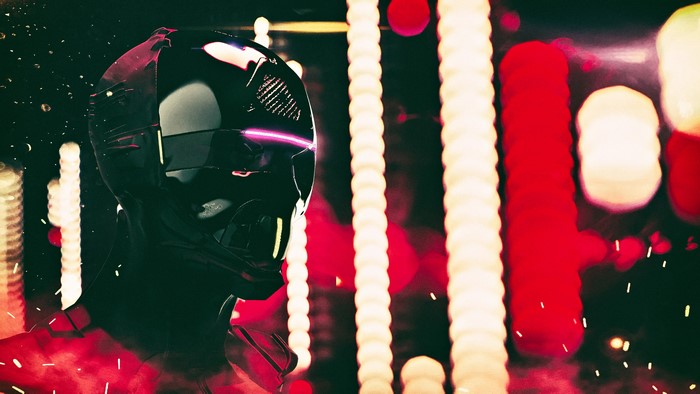 Cyberpunk robot head with neon accents and bokeh lights