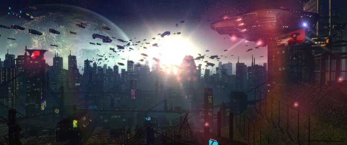 Spaceships over a futuristic city with a large planet in the background