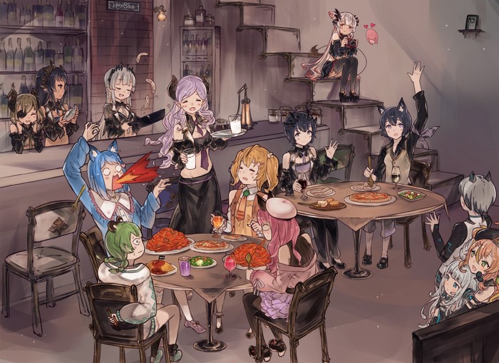 Anime girls at a restaurant with food