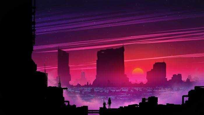 Cyberpunk cityscape at sunset with two figures