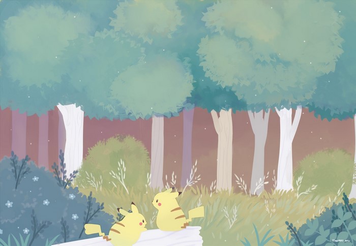 Pikachu from Pokemon in a forest illustration