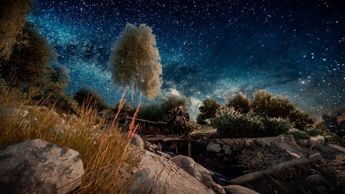 Man on horseback crossing a bridge under a starry night sky