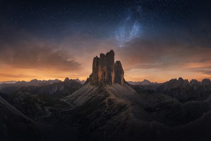 Tre Cime di Lavaredo at night with Milky Way