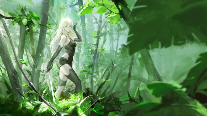 A2 from Nier: Automata in a forest with a katana