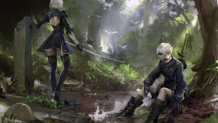 2B and 9S from Nier: Automata in a forest