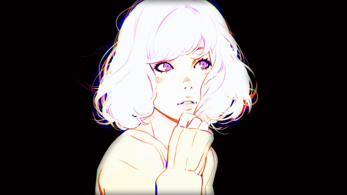 Woman with short white hair and purple eyes