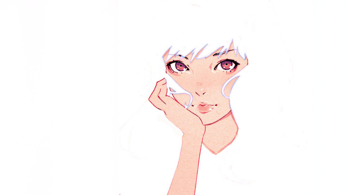 Woman with white hair and pink eyes, hand on face