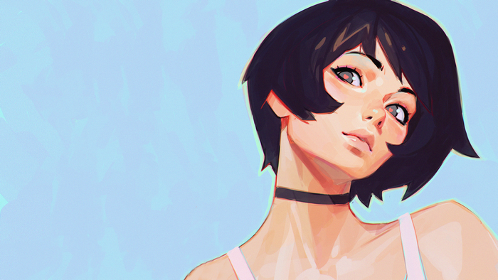 Woman with short black hair and choker