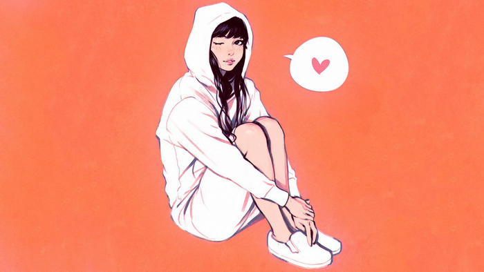 Girl in hoodie winking with heart bubble